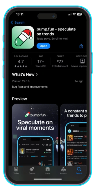 Pump.fun app after the Christmas icon change