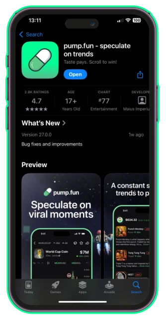Pump.fun app before the Christmas icon change